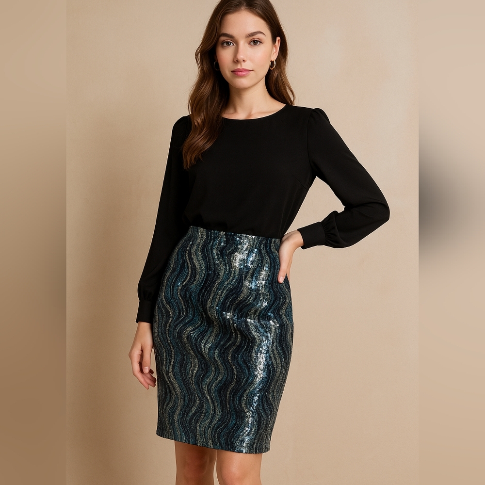 Frank Lyman Design Blue and Silver Sequin Pencil Skirt Size 6